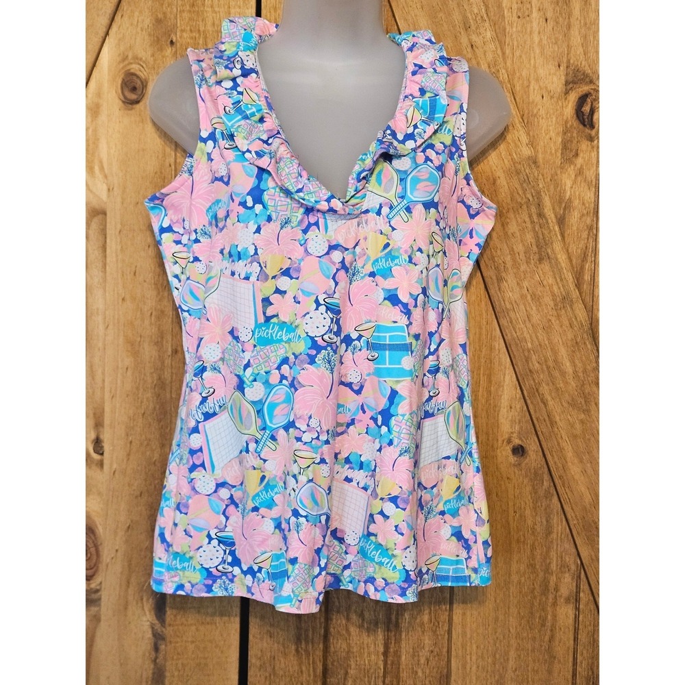Lulu B Active Top Women XS Pink Pickleball Floral Print Ruffle V-Neck Tank‎ #739